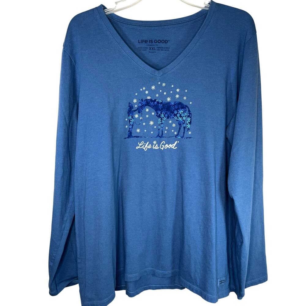 Life Is Good Snowflake Horse long sleeve 100% cotton T-shirt, blue, XXL, EUC